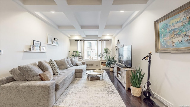 living room featuring beam ceiling, hardwood / wood-style floors, and coffered ceiling