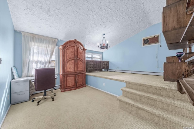 carpeted home office with a baseboard heating unit, a wall mounted AC, a chandelier, vaulted ceiling, and a textured ceiling