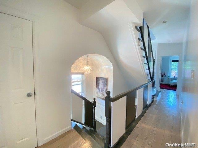 hallway with a notable chandelier, a healthy amount of sunlight, and dark wood-type flooring