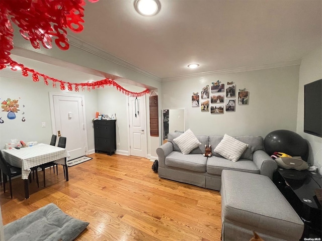 living room with light hardwood / wood-style flooring and crown molding