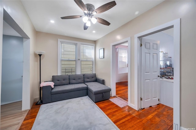 living room featuring ceiling fan and wood-type flooring