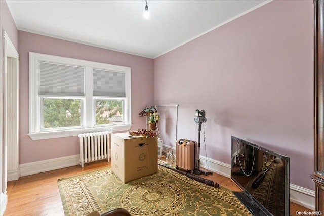 interior space featuring radiator heating unit, light hardwood / wood-style floors, and ornamental molding