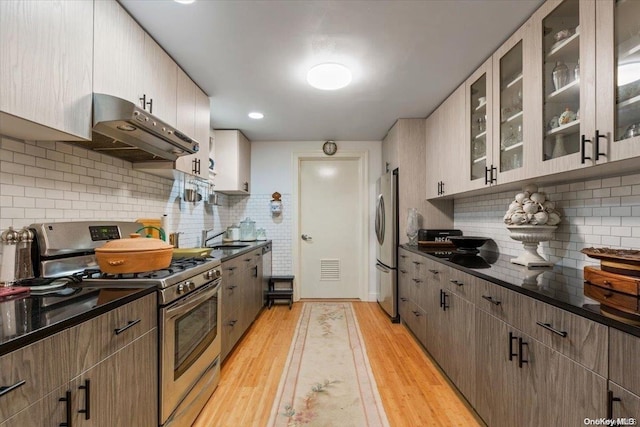 kitchen with tasteful backsplash, light hardwood / wood-style flooring, stainless steel appliances, and sink