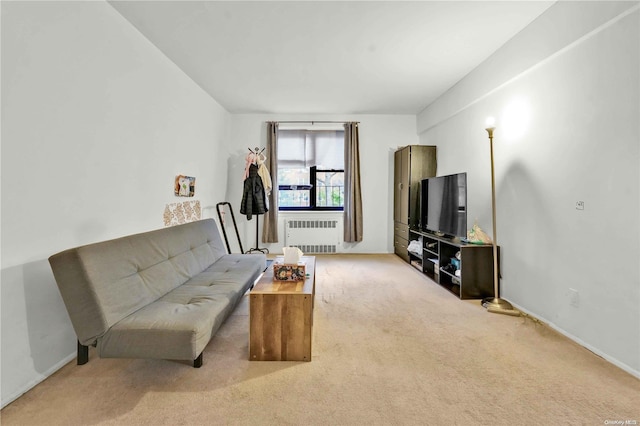 carpeted living room with radiator heating unit