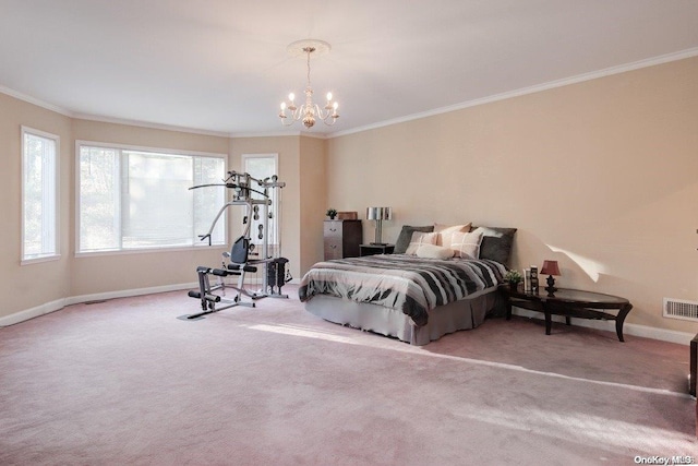 bedroom featuring crown molding, carpet floors, and a notable chandelier