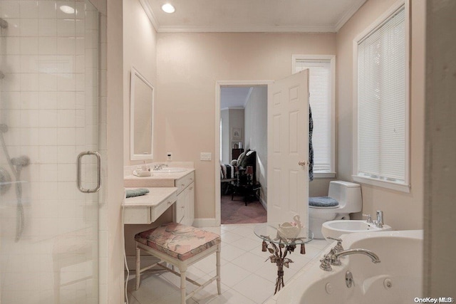 full bathroom with a bidet, tile patterned flooring, separate shower and tub, toilet, and crown molding