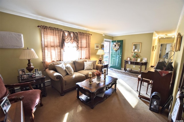 carpeted living room featuring ornamental molding