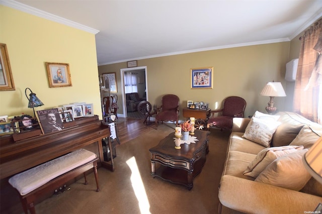 living room featuring hardwood / wood-style floors and crown molding