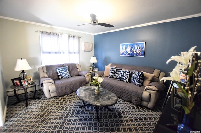 living room featuring carpet, baseboard heating, ceiling fan, and crown molding