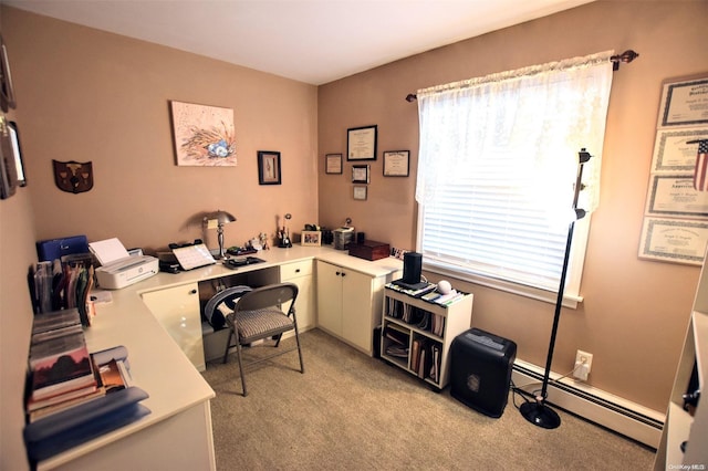 home office featuring light carpet and a baseboard heating unit