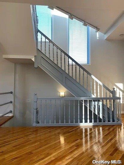 stairway with hardwood / wood-style floors