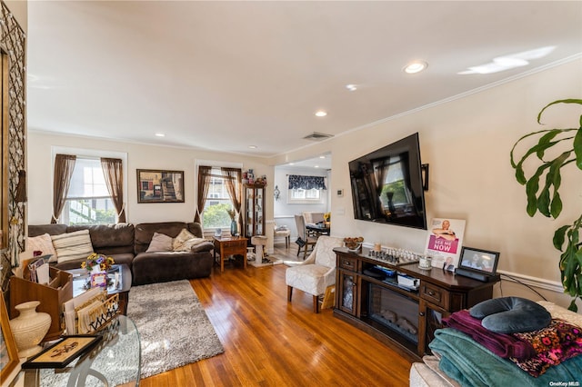 living room with hardwood / wood-style floors and ornamental molding