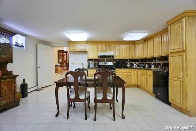 kitchen with a baseboard radiator, black dishwasher, tasteful backsplash, white range with gas cooktop, and light brown cabinetry