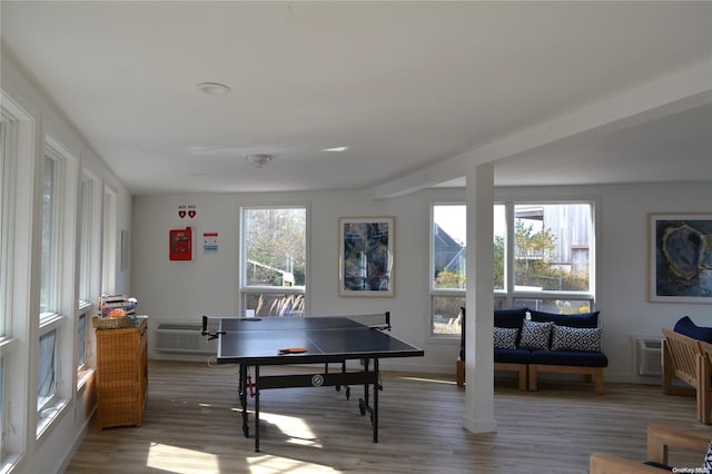 playroom with an AC wall unit, plenty of natural light, and wood-type flooring