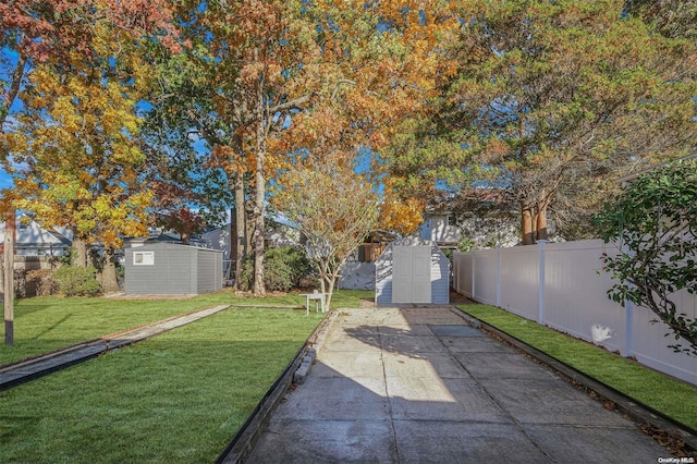 view of yard featuring a patio and a shed