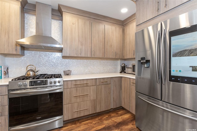 211-06 75th Ave Unit 5E, Oakland Gardens, NY 11364 - kitchen featuring stainless steel appliances, wall chimney exhaust hood, light countertops, backsplash, and dark wood-style floors
