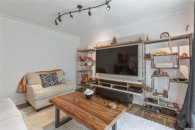 living room featuring ornamental molding and hardwood / wood-style flooring