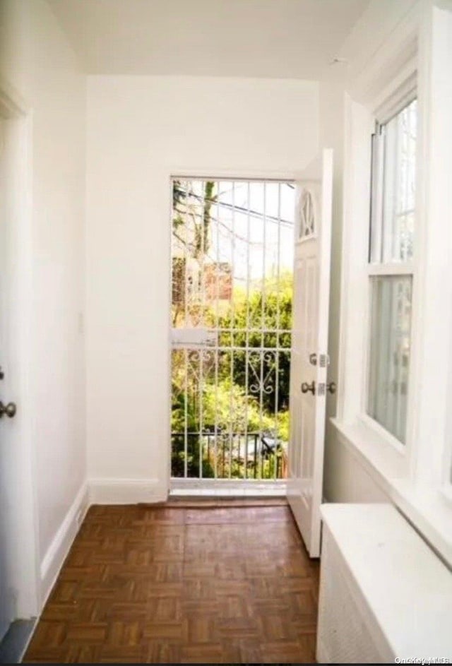 doorway to outside featuring dark parquet floors