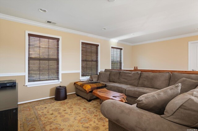 living room featuring a wealth of natural light and ornamental molding