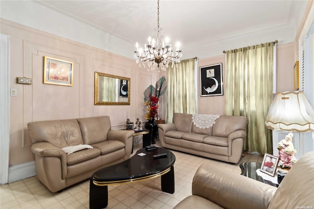 living room featuring an inviting chandelier