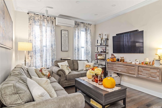 living room featuring ornamental molding, an AC wall unit, and dark wood-type flooring