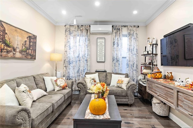 living room with a wall mounted AC, crown molding, and dark hardwood / wood-style flooring