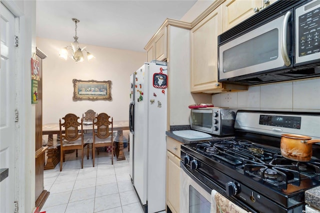 kitchen featuring decorative backsplash, stainless steel appliances, a chandelier, hanging light fixtures, and light tile patterned flooring