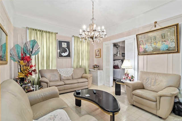 living room featuring a notable chandelier