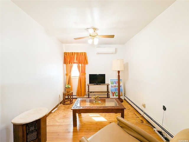 living room featuring ceiling fan, light wood-type flooring, a baseboard radiator, and a wall mounted AC