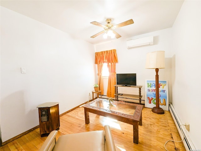 living room with an AC wall unit, ceiling fan, wood-type flooring, and baseboard heating