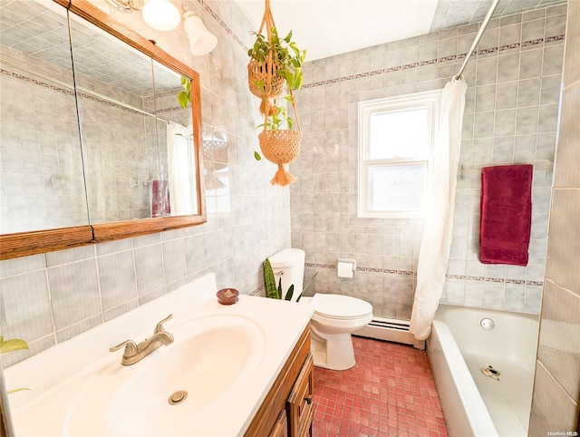 full bathroom featuring shower / bath combo, vanity, a baseboard heating unit, tile walls, and toilet