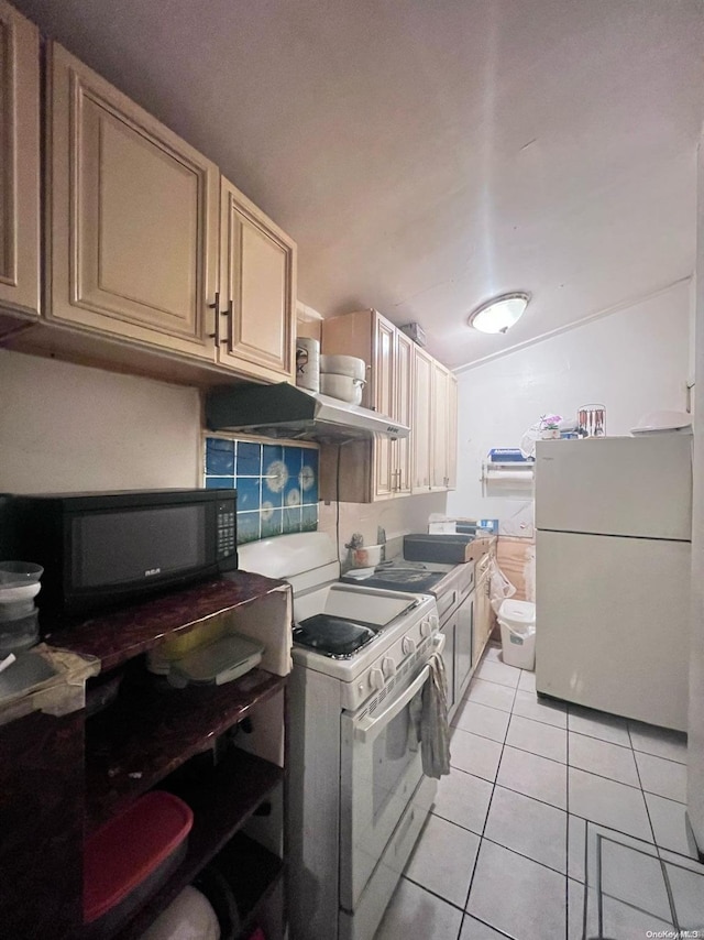 kitchen featuring decorative backsplash, range hood, white appliances, and light tile patterned floors