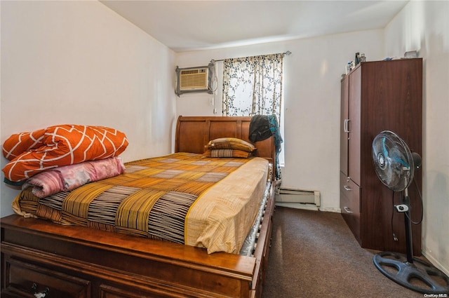 bedroom featuring carpet flooring, multiple windows, a wall unit AC, and a baseboard radiator