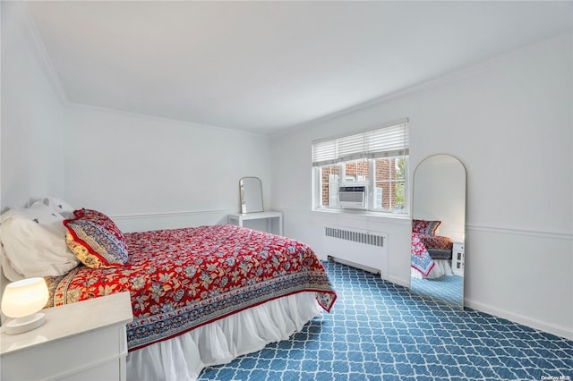 bedroom featuring carpet flooring, cooling unit, radiator heating unit, and ornamental molding