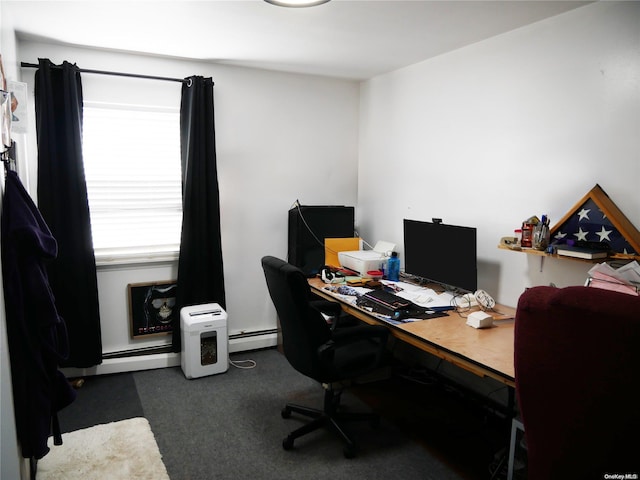 carpeted office space featuring a baseboard radiator