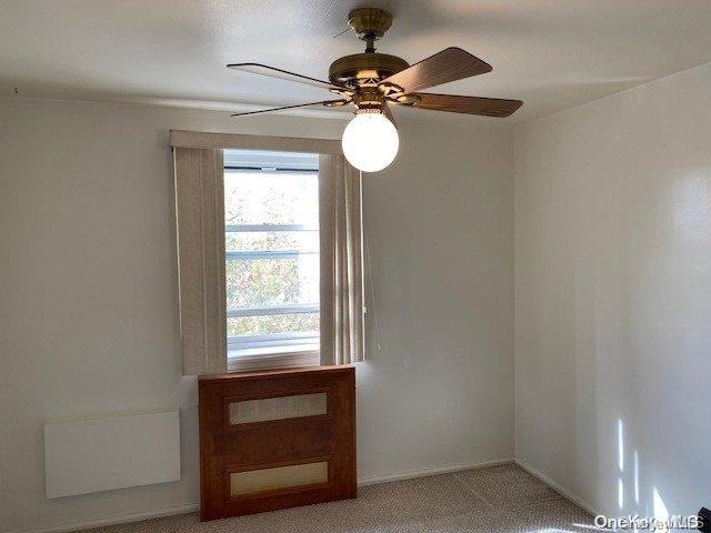 carpeted spare room with ceiling fan