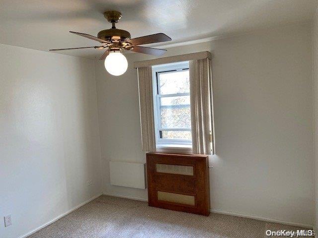 carpeted spare room featuring ceiling fan