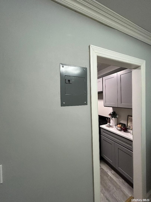 interior space featuring electric panel, crown molding, and hardwood / wood-style flooring