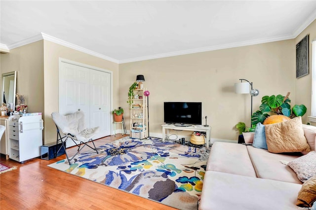 living room featuring hardwood / wood-style floors and ornamental molding