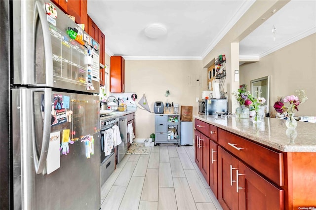 kitchen featuring light stone counters, ornamental molding, and appliances with stainless steel finishes