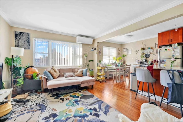 living room featuring an AC wall unit, crown molding, and light wood-type flooring