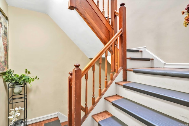 staircase with wood-type flooring