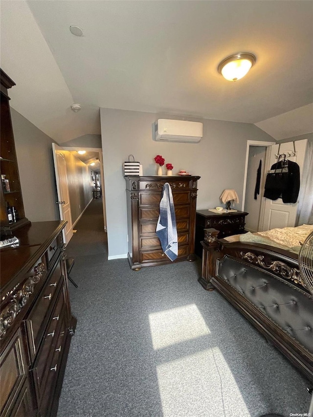 carpeted bedroom featuring an AC wall unit and vaulted ceiling