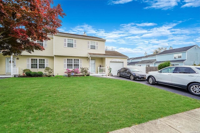 view of front facade with a garage and a front lawn