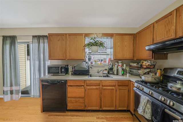 kitchen with appliances with stainless steel finishes, sink, light hardwood / wood-style floors, and exhaust hood