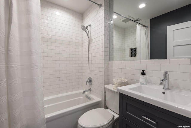 full bathroom featuring backsplash, vanity, shower / tub combo, and toilet