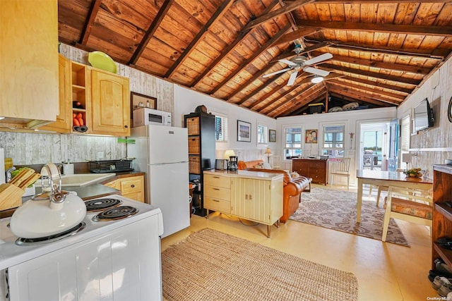 kitchen featuring ceiling fan, light brown cabinets, wooden ceiling, lofted ceiling with beams, and white appliances