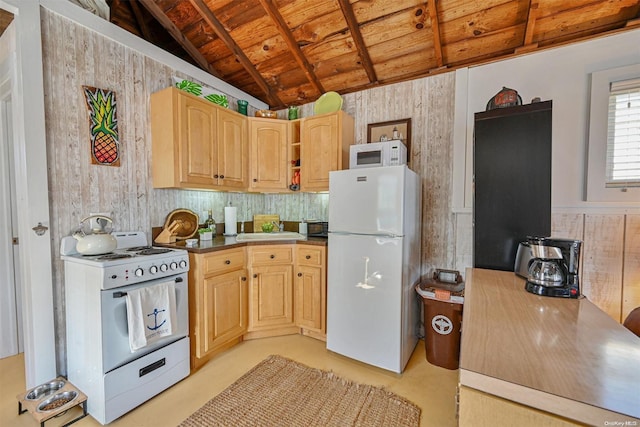 kitchen with light brown cabinetry, wood ceiling, white appliances, vaulted ceiling, and wood walls