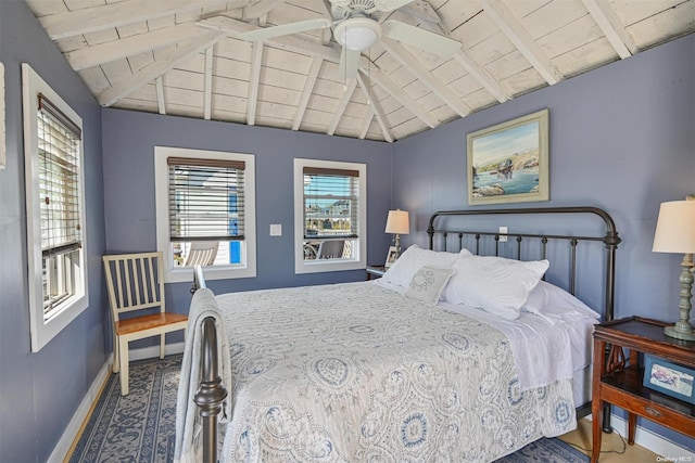 bedroom with wood ceiling, ceiling fan, lofted ceiling with beams, and wood-type flooring