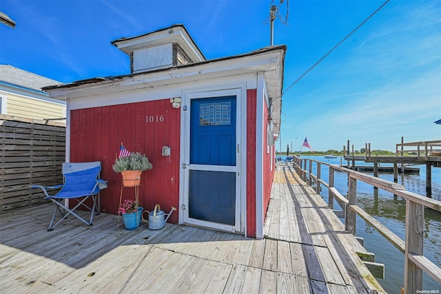 view of outdoor structure with a water view